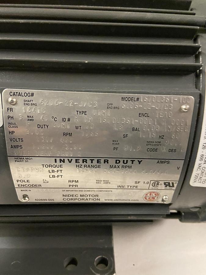 US Motors,16702361-100,3Hp Inverter Duty Motor 1765RPM 230/460V Frame 184TC