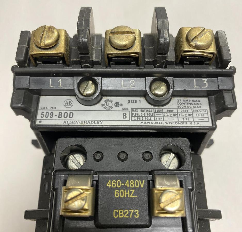 Used Allen-Bradley,509-B0D,Series B Size 1 Motor Starter 27AMP 600V 3 Pole 460V Coil