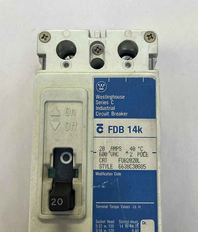 Used WESTINGHOUSE,FDB2020L,CIRCUIT BREAKER 20A 600V 2P