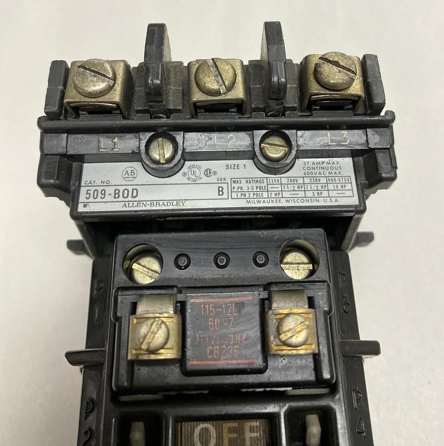 Used Allen-Bradley,509-B0D,Series B Size 1 Motor Starter 27AMP 600V 3 Pole 120V Coil