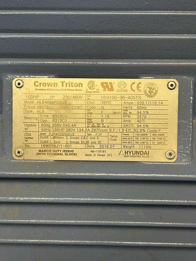 CROWN TRITON,HHI100-36-405TS,MOTOR 100HP 230/460V 3570RPM 3PH 405TS FRAME