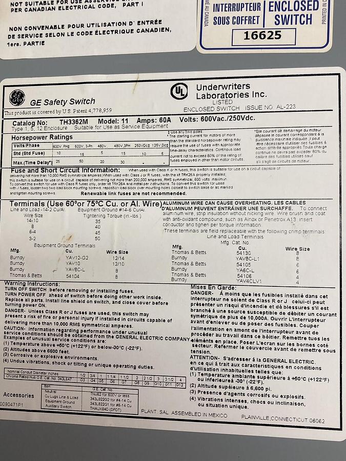Used General Electric,TH3362M,Fusible Disconnect Switch 60A 600Vac