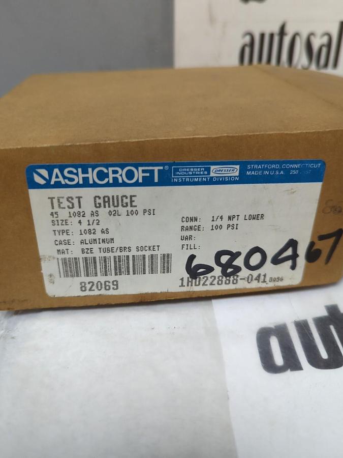ASHCROFT,45 1082 AS 02L,TEST GAUGE SIZE 4-1/2 IN 100PSI NOS