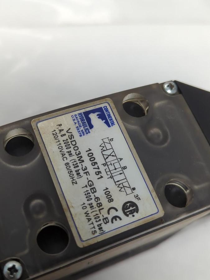 Used CONTINENTAL HYDRAULICS,VSD03M-3F-GB-68L-B,VALVE 120/110VAC 60/50HZ PRE-OWNED