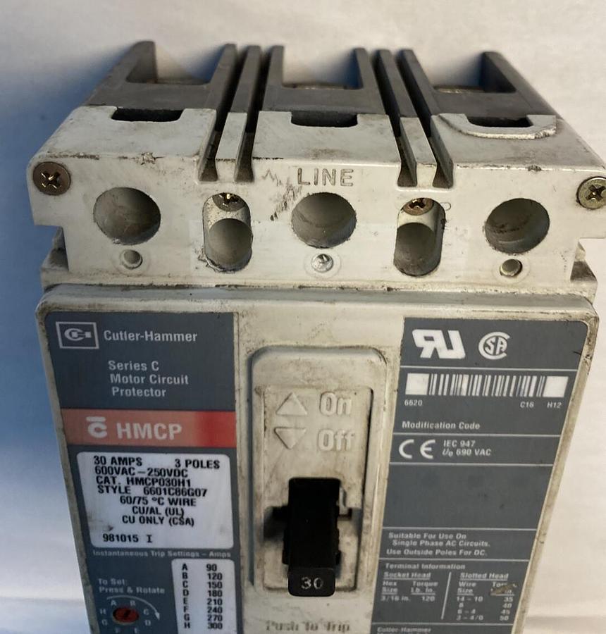 Used Cutler-Hammer,HMCP030H1,Series C Motor Circuit Protector 30AMP 600VAC 250VDC 3 P