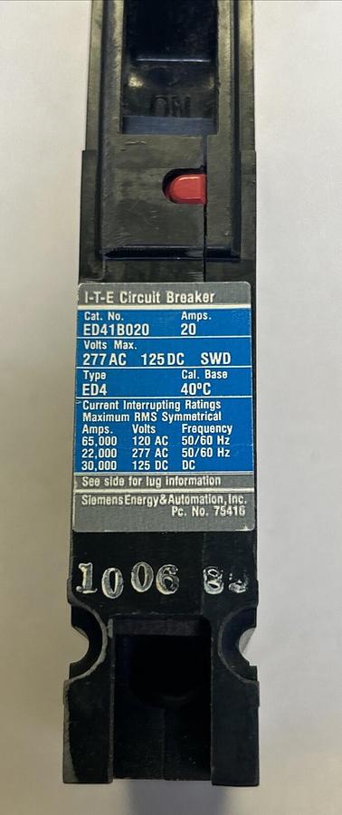 Used ITE,ED41B020,CIRCUIT BREAKER 20A 277V 1P