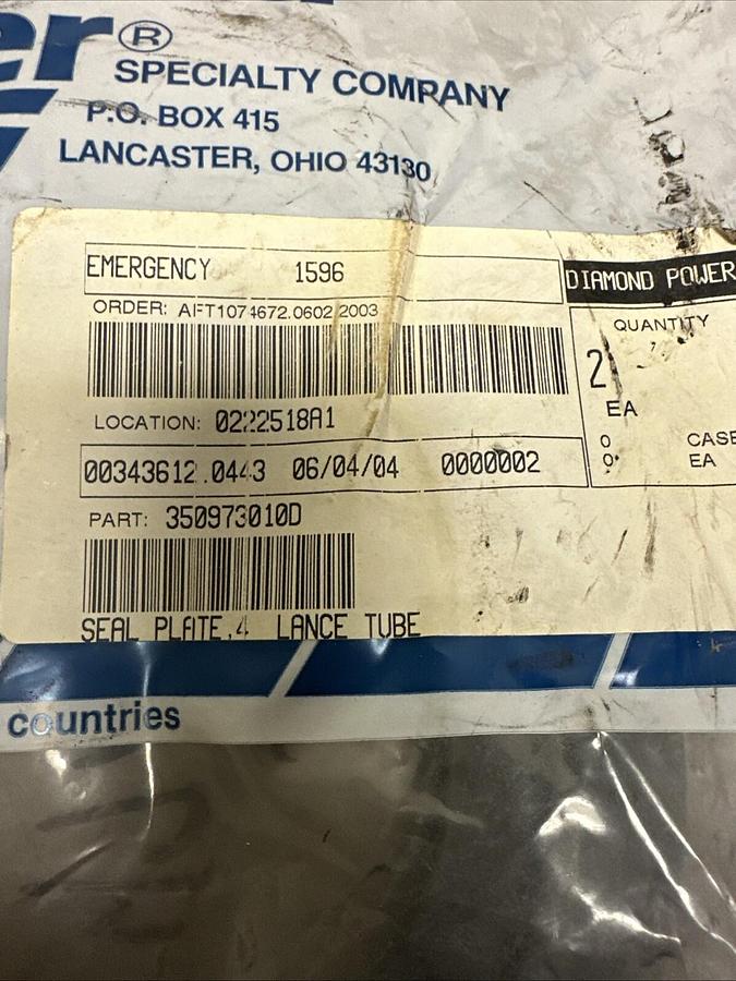 Used Diamond Power,350973010D,Lance Tube Seal Plate QTY 2
