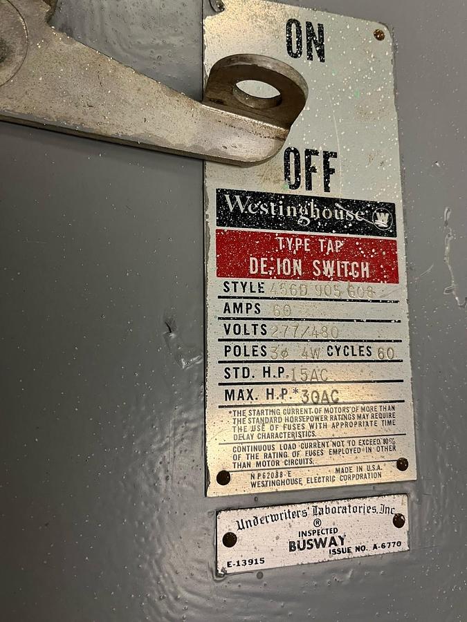 Used Westinghouse,456D-905-G08,TAP DE-ION BUSWAY BUS PLUG 60A 277/480V 3PH