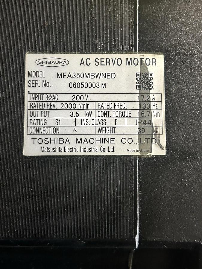 Used TOSHIBA,MFA350MBWNED,AC SERVO MOTOR 200V 2000RPM 3.5KW