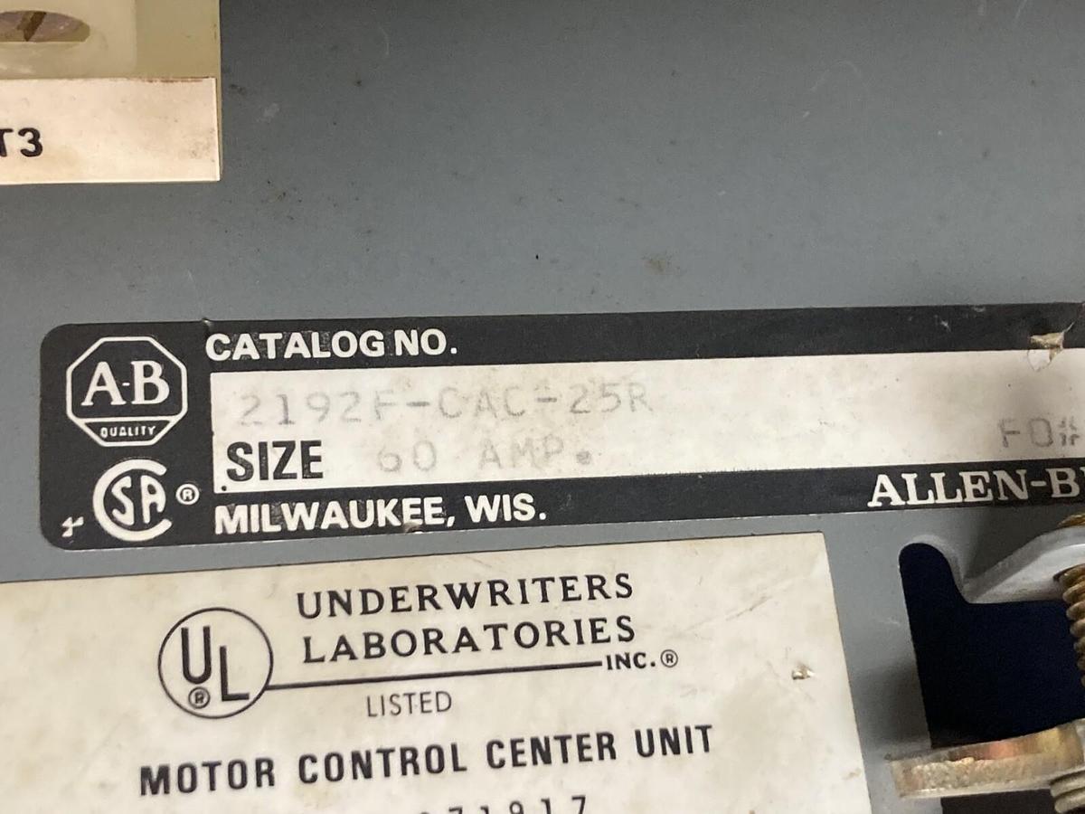 Used Allen-Bradley,2100 2192F,60 Amp 12 Inch Fused MCC Disconnect Feeder Bucket