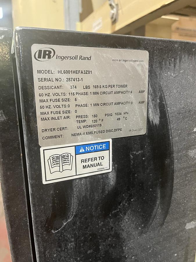 Used INGERSOLL RAND,HL6001HEFA3Z01,DESICCANT DRYER 600CFM NO VALVE ACTUATORS