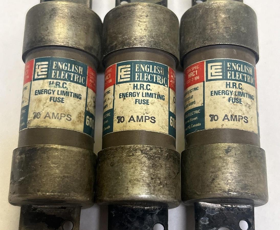 Used ENGLISH ELECTRIC,C70J,ENERGY LIMITING FUSE 70A 600V LOT OF 3