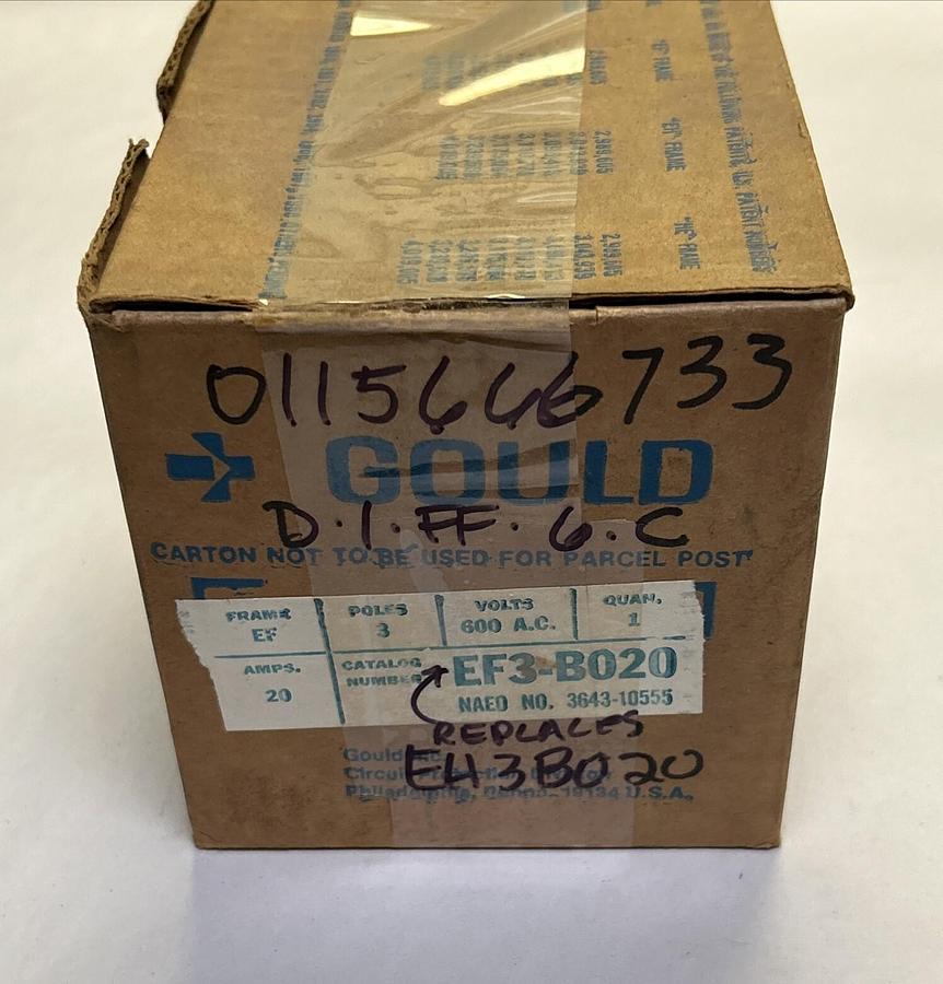 Used ITE GOULD,EF3-B020,CIRCUIT BREAKER 20A 600V 3P NEW