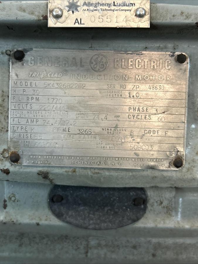 Used GENERAL ELECTRIC,5K4326B22B2,MOTOR 30HP 1770RPM 220/440V 3PH 326S FRAME