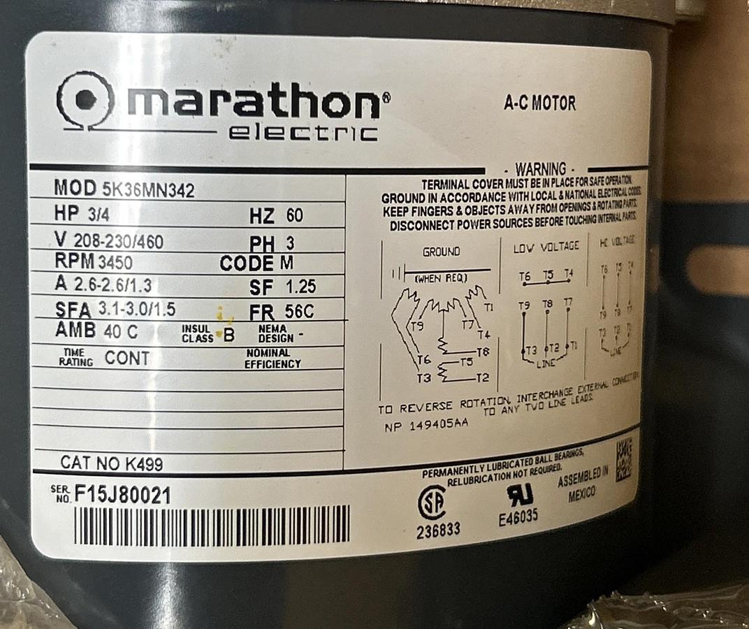 MARATHON,5K36MN342,MOTOR 3/4HP 3450RPM 208-230/460V 56C FRAME NOS