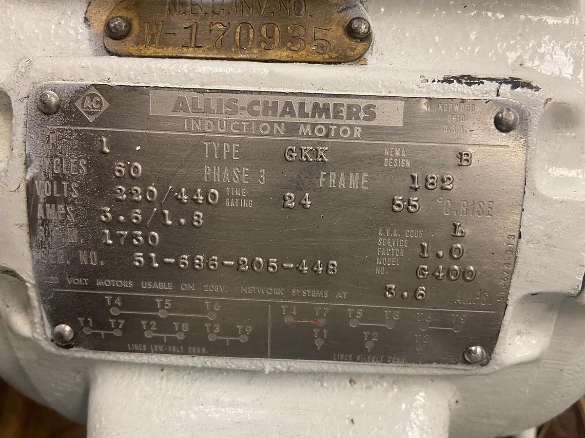 Used Allis Chalmers,GKK,1Hp Induction Motor 1730RPM 220/440V Frame 182