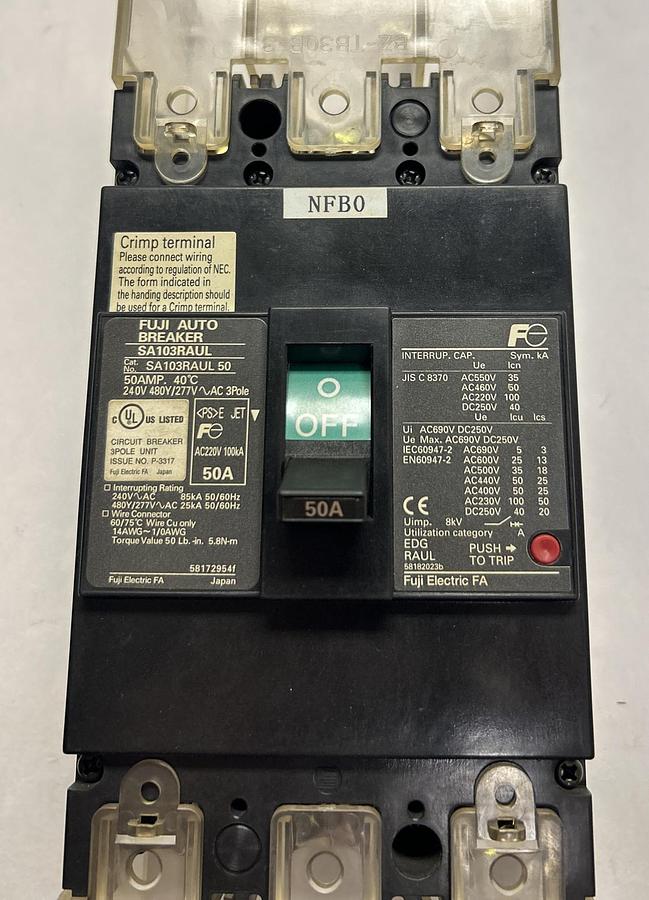 Used FUJI,SA103RAUL50,CIRCUIT BREAKER 50A 240V 3P