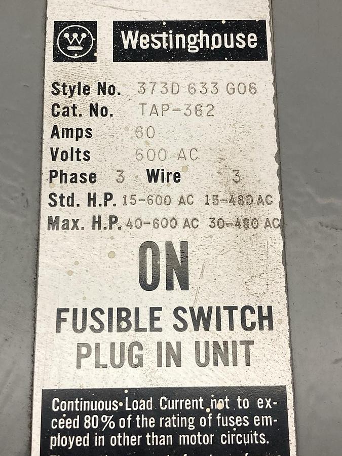 Used Westinghouse,373D 633 G06,3-Phase Fusible BUS PLUG Switch Pul-In Unit 60A 600Vac