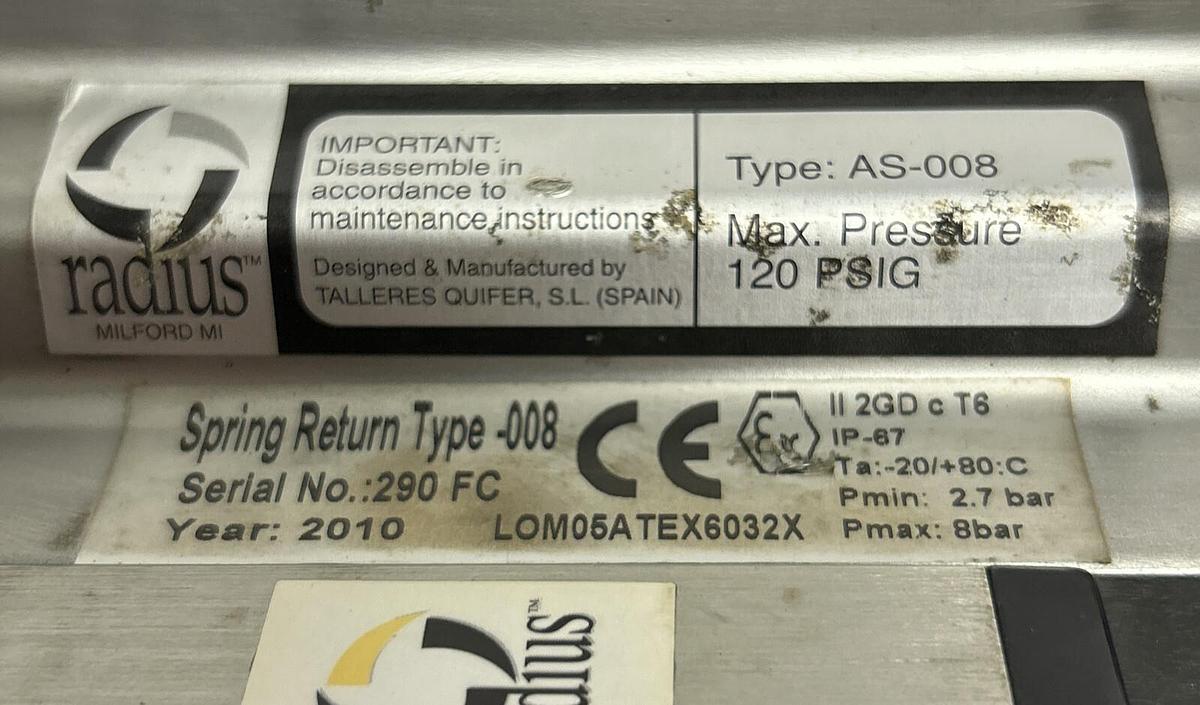 Used RADIUS,AS-008,PNEUMATIC ACTUATOR 120 PSIG