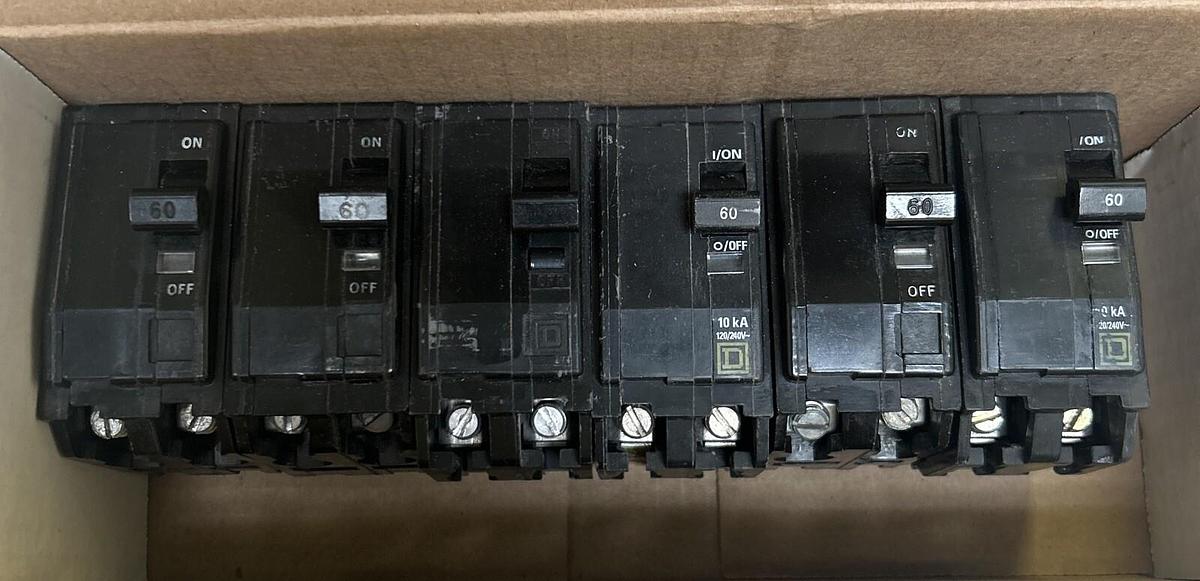 Used SQUARE D,QO260,CIRCUIT BREAKER 60A 120/240V 2P LOT OF 6