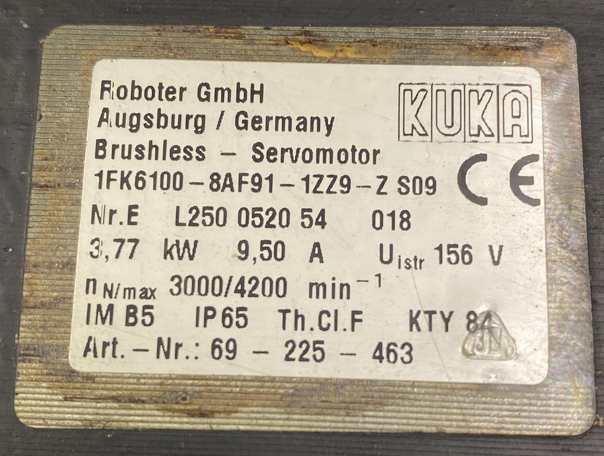 Used KUKA,1FK6100-8AF91-1ZZ9-ZS09,BRUSHLESS SERVO MOTOR 9.5A 156V 3000/4200RPM