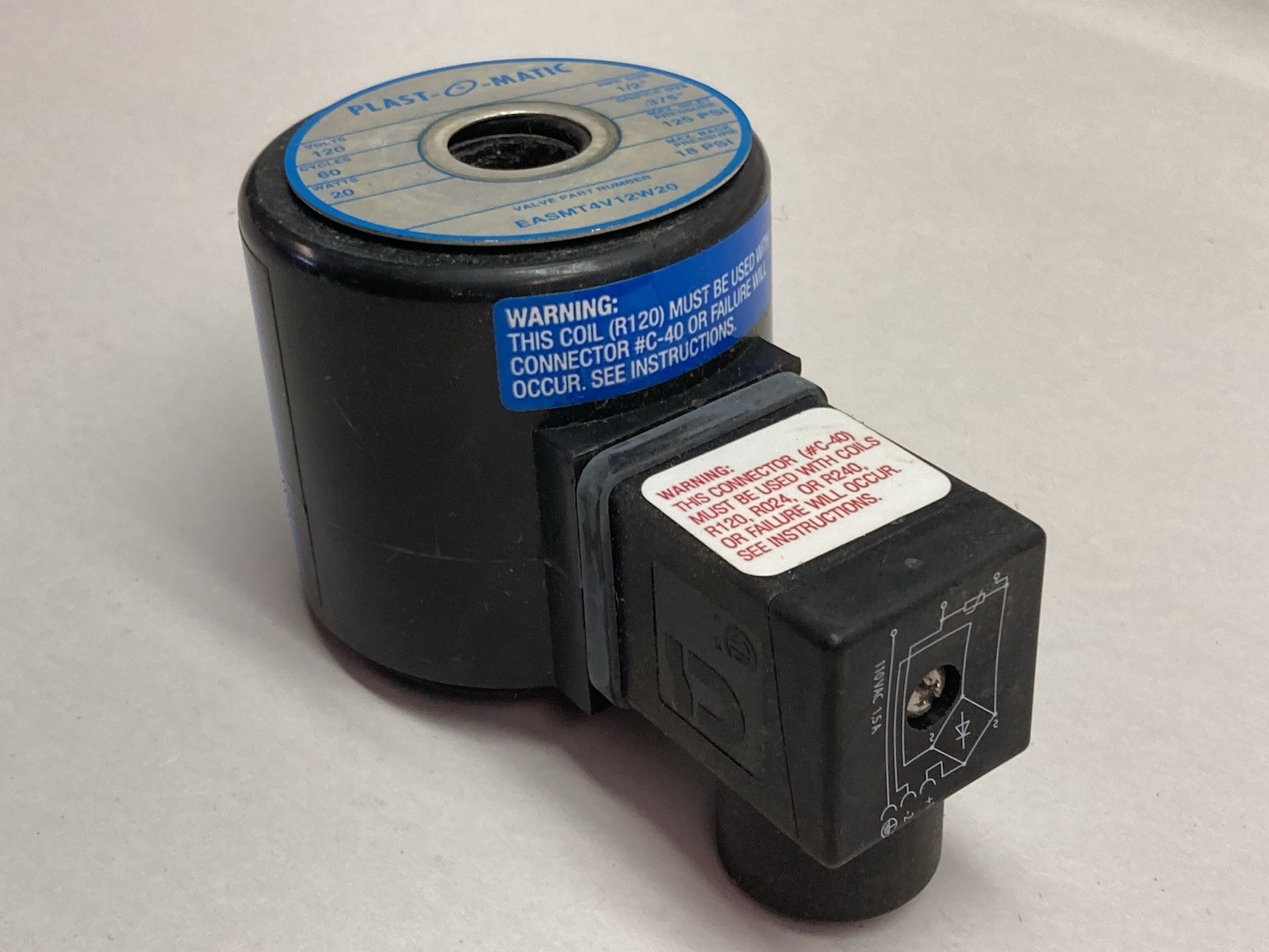 Used Plast-O-Matic,EASMT4V12W20,Valve 120V 60Cy 20W 1/2 Inch Pipe Size