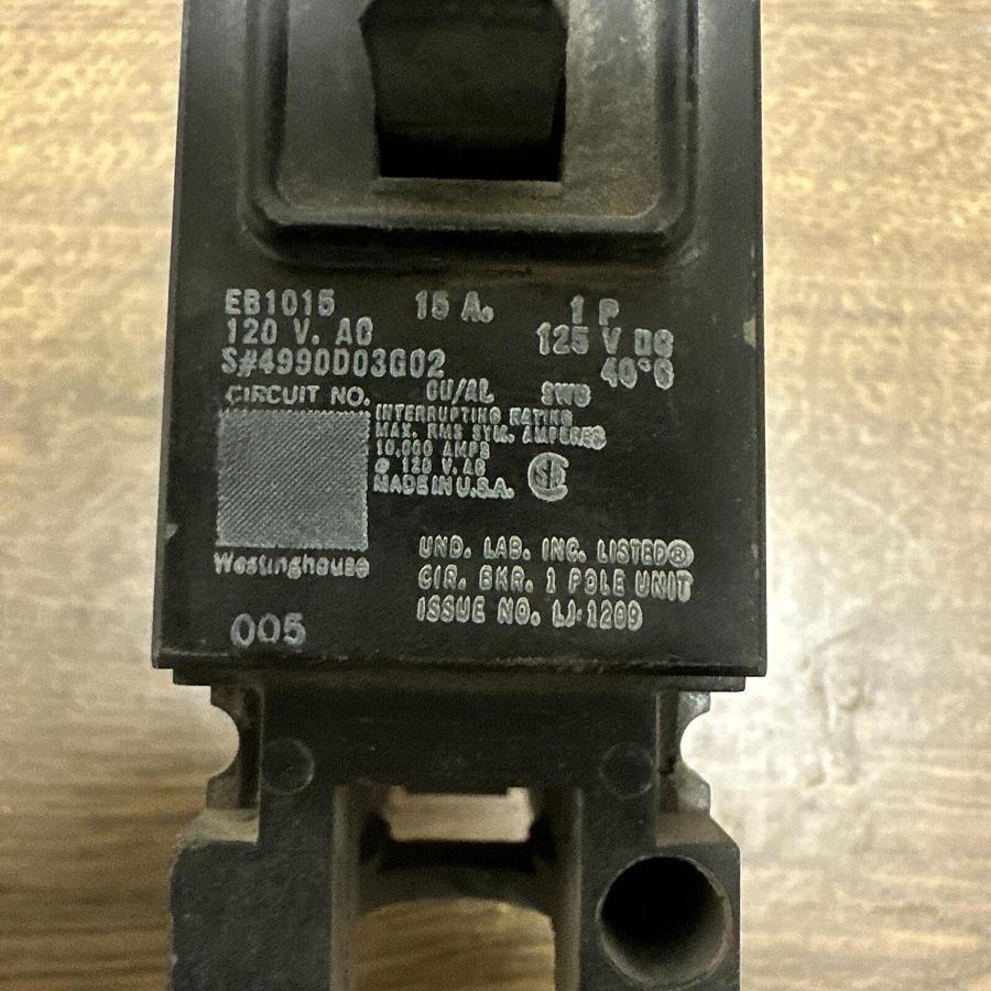 Used Westinghouse,EB1015,15A 1 Pole 120VDC Circuit Breaker