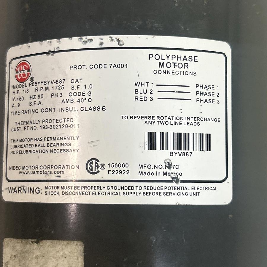 Used US MOTOR,P55YYBYV-887,POLYPHASE MOTOR 1/3HP 460V 1725RPM 3PH
