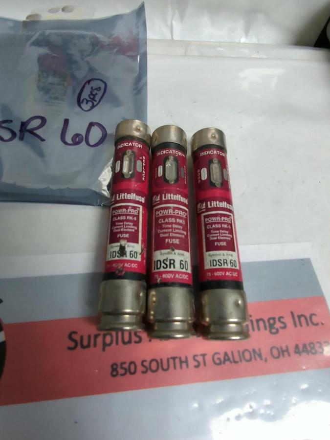 Used LITTELFUSE,IDSR60,INDICATOR 60 AMP FUSE LOT OF 3 PRE-OWNED