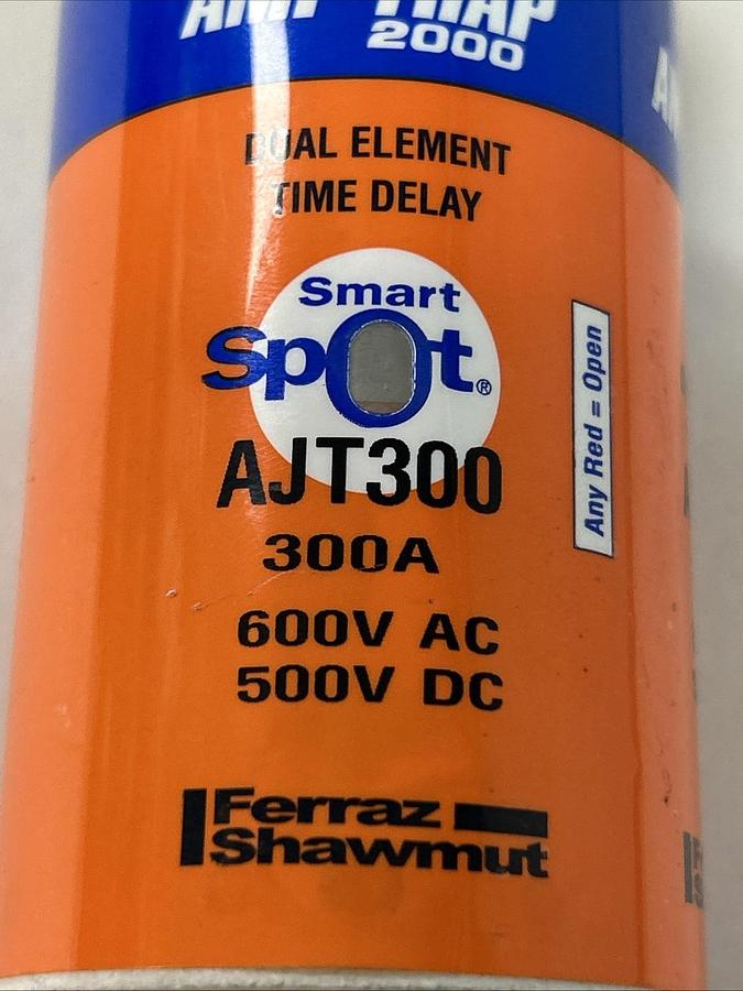 Used FERRAZ SHAWMUT,AJT300,DUAL ELEMENT TIME DELAY FUSE 300A 600V 500VDC