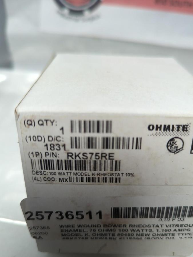 OHMITE,RKS75RE,RHEOSTAT 100 WATT 1.1555 AMP 75 OHM NOS