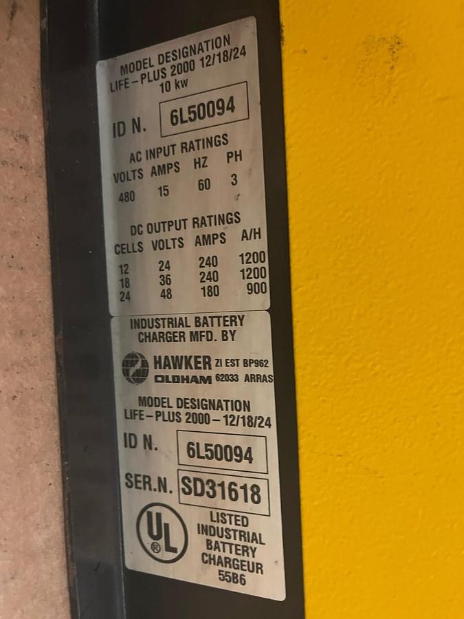 Used HAWKER,6L50094,Life-Plus 2000 BATTERY CHARGER 15KV IN 480V 3PH OUT 24/36/48VDC