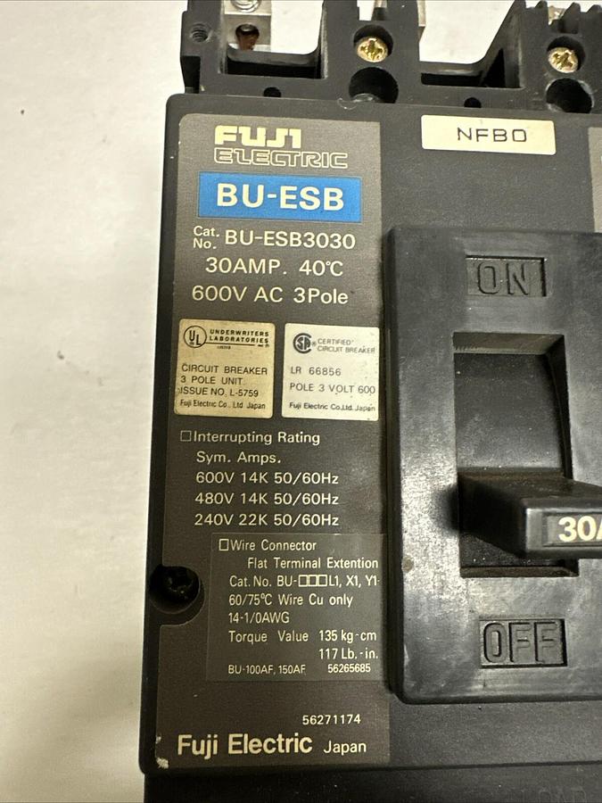 Used Fuji,BU-ESB3030,30 Amp 3 Pole 600VAC Circuit Breaker