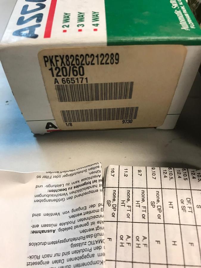 Used ASCO,PKFX8262C212289,Solenoid Valve 120V 1/8 INCH