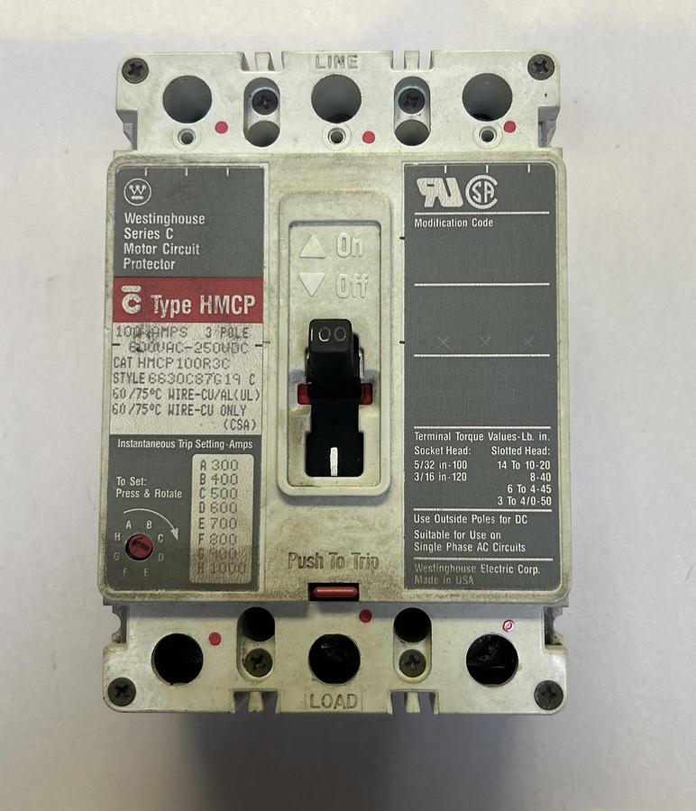 Used WESTINGHOUSE,HMCP100R3C,CIRCUIT BREAKER 100A 600V 3P