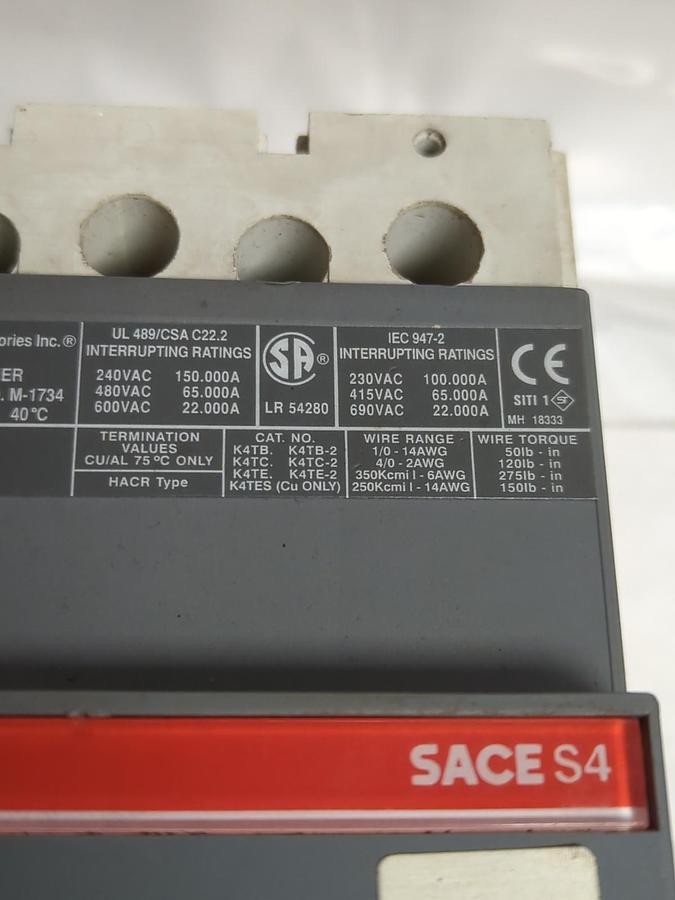 Used ABB,SACES4,CIRCUIT BREAKER 2-POLE 600VAC 250AMP PRE-OWNED