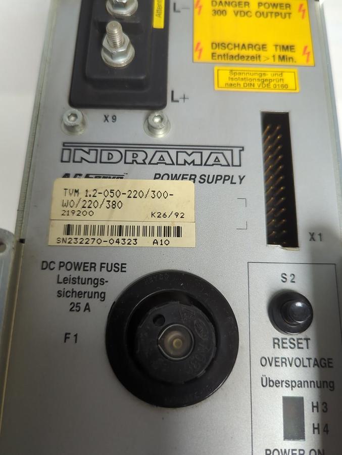 Used INDRAMAT,TVM 1.2-050-220/300-W0/220/380,A.C. SERVO POWER SUPPLY NO COVER/PLATE