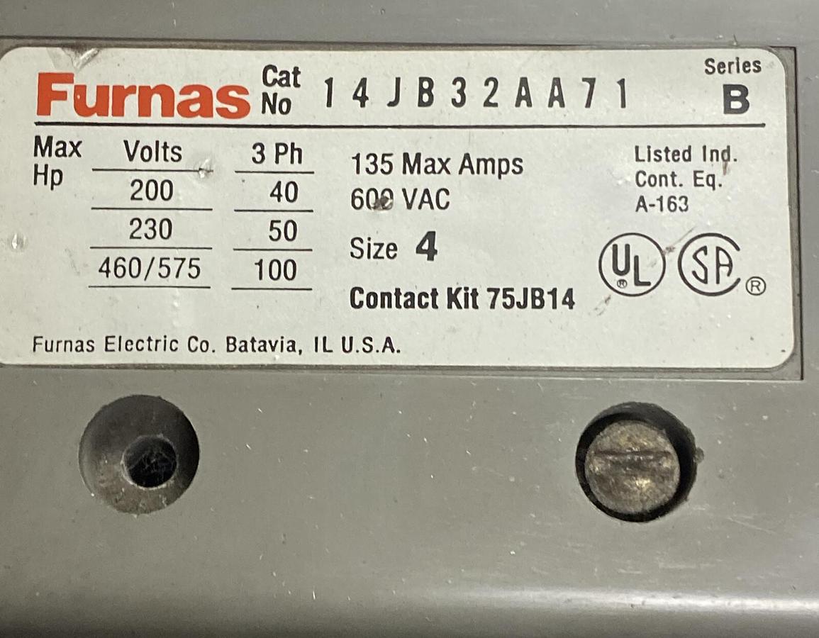 Used Furnas,14JB32AA71,Magnetic Starter Size 4 135A 600V