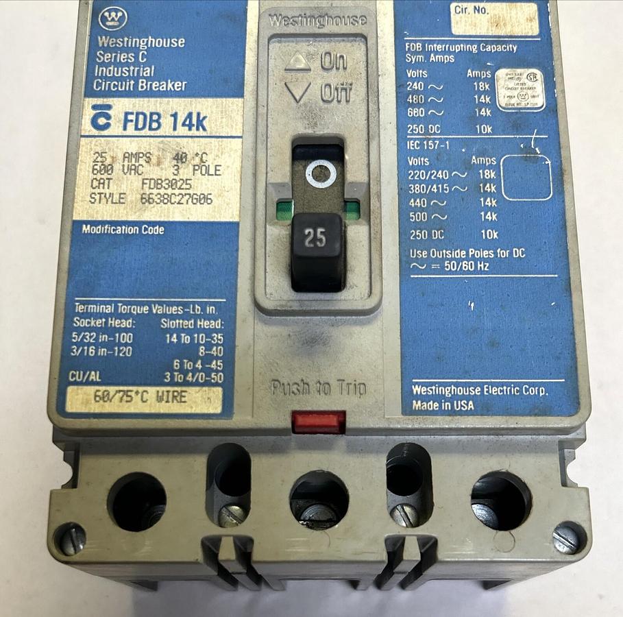 Used WESTINGHOUSE,FDB3025,CIRCUIT BREAKER 25A 600V 3P