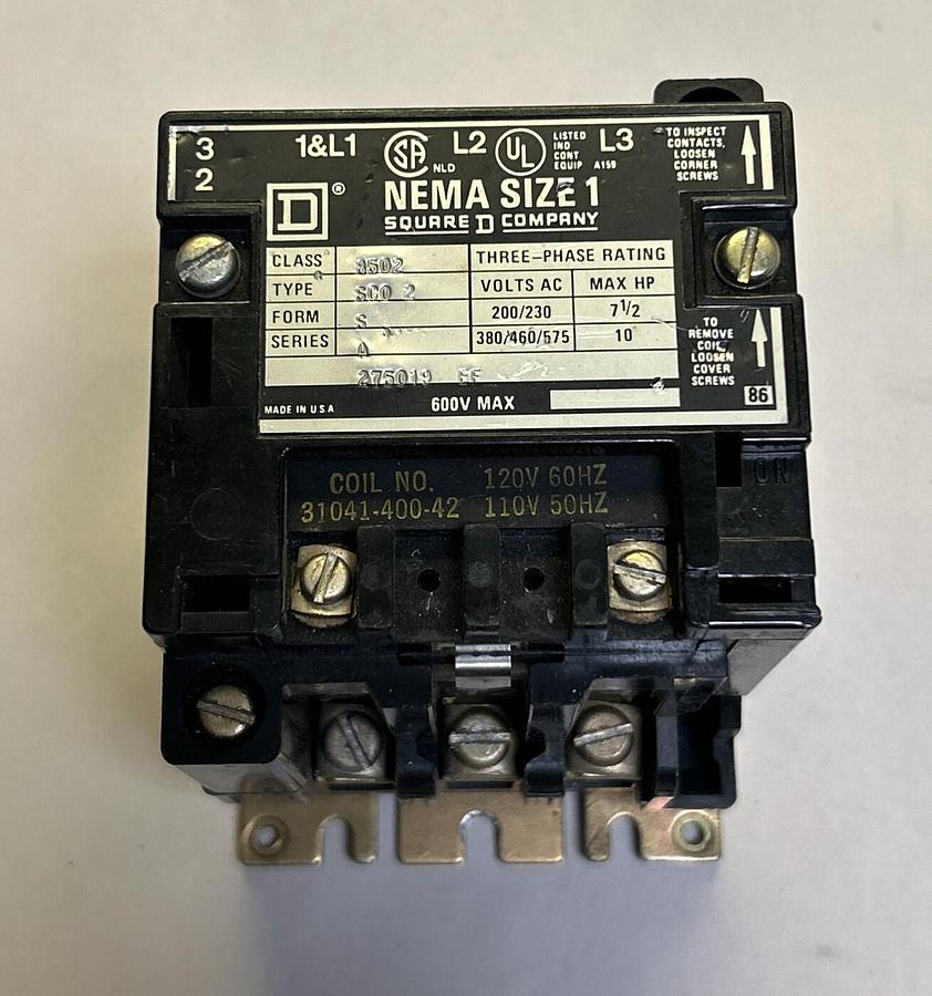 Used SQUARE D,8502SC02,CONTACTOR NEMA SIZE 1