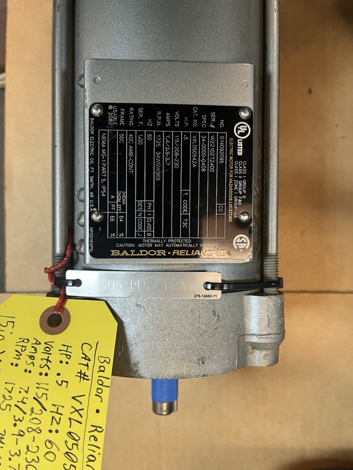 Used BALDOR,VXL050542A,HAZARDOUS MOTOR 1/2HP 1PH 56C 1725RPM 115/208-230V