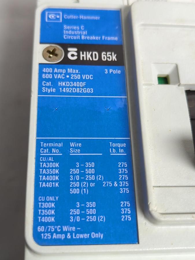 Used CUTLER-HAMMER,HKD3400F,CIRCUIT BREAKER 400 AMP 3-POLE STYLE 1492D82G03 PRE-OWNED