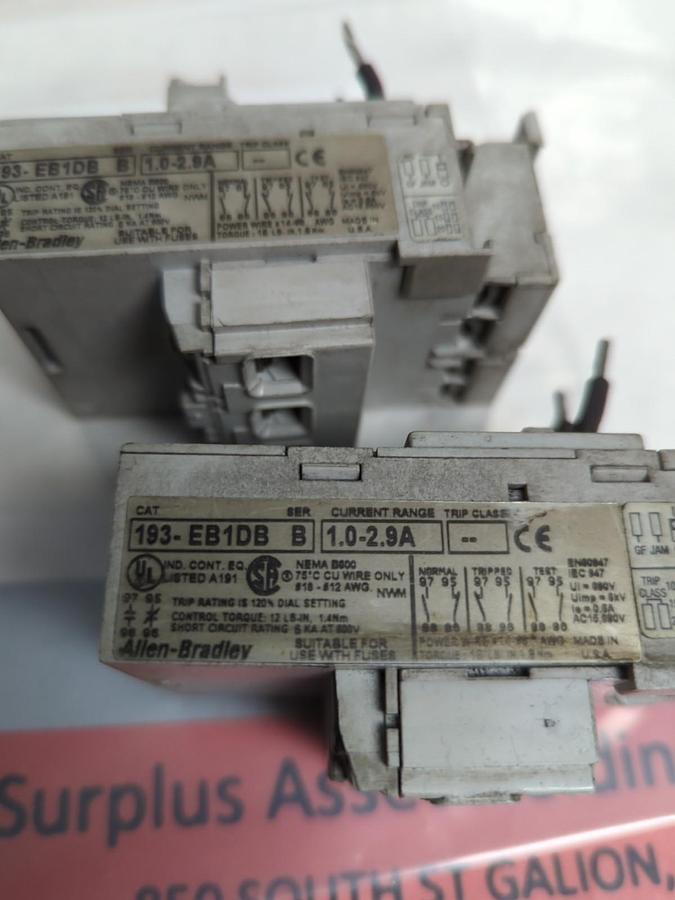Used ALLEN BRADLEY,193-EB1DB,OVERLOAD RELAY SERIES B 1.0-2.9A LOT OF 2 PRE-OWNED