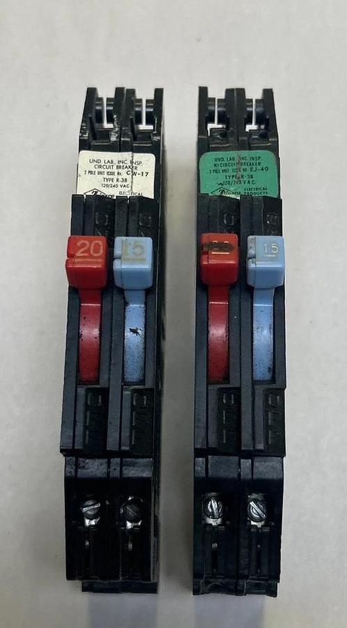 Used ZINSCO,R-38,TANDEM CIRCUIT BREAKER 15/20A 120/240V 2P LOT OF 2