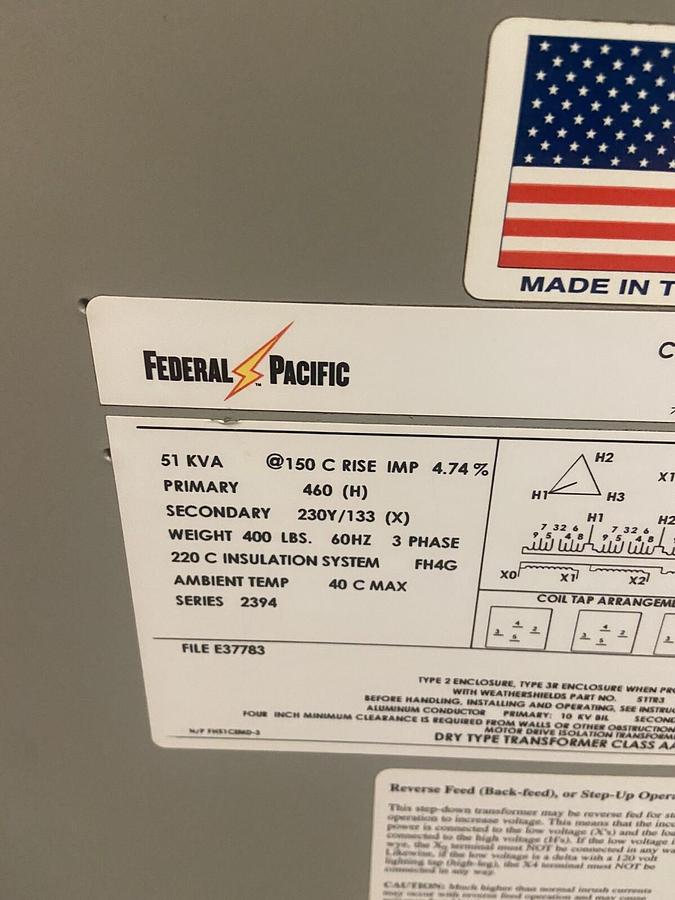 Used Federal Pacific,FH51CEMD,Transformer 51KVA Pri 460 Sec 230Y/133 3PH