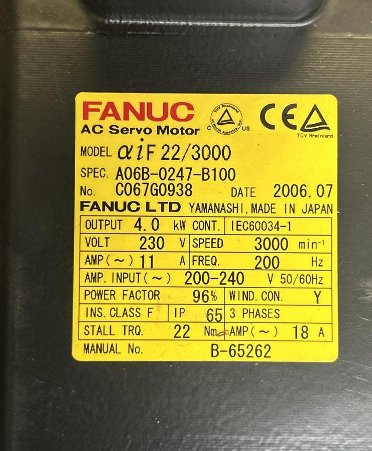 Used FANUC,A06B-0247-B100,AC SERVO MOTOR 230 VAC 3000 RPM 3PH