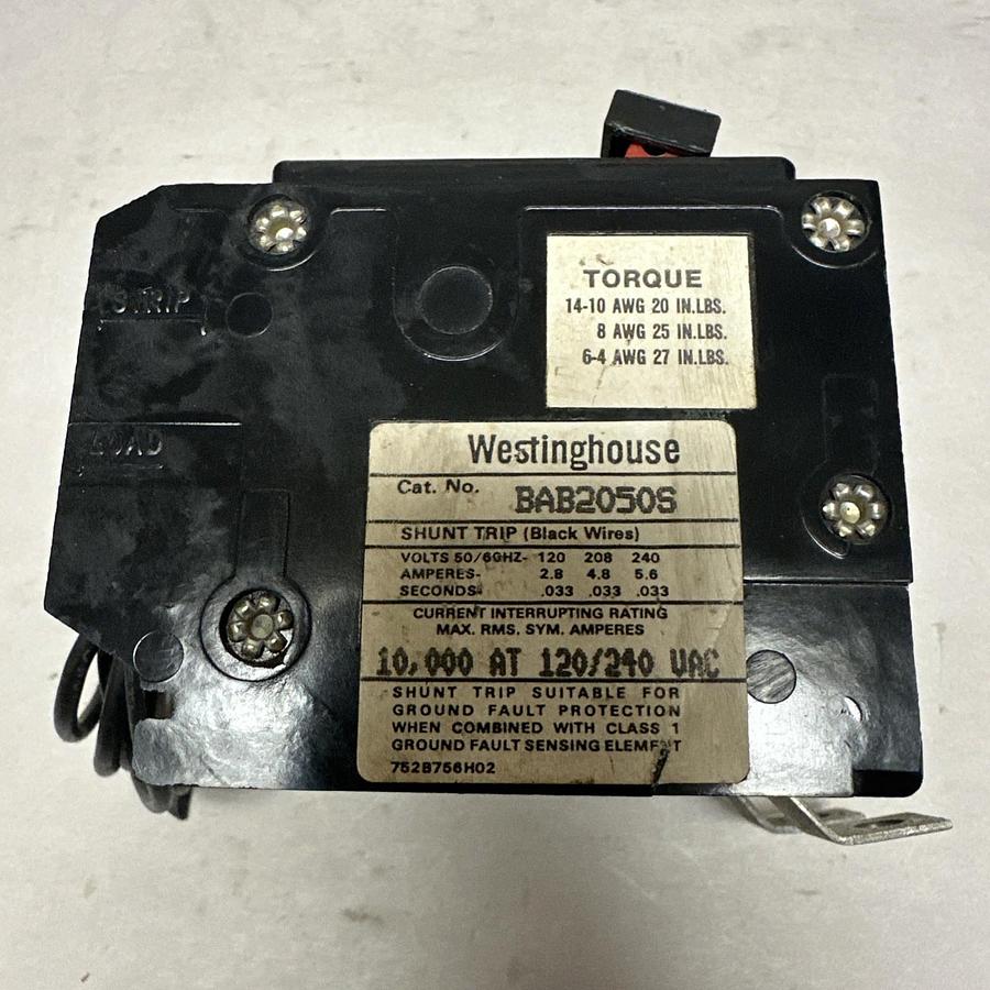 Used Westinghouse,BAB2050S,50 Amp 2 Pole Shunt Trip Circuit Breaker