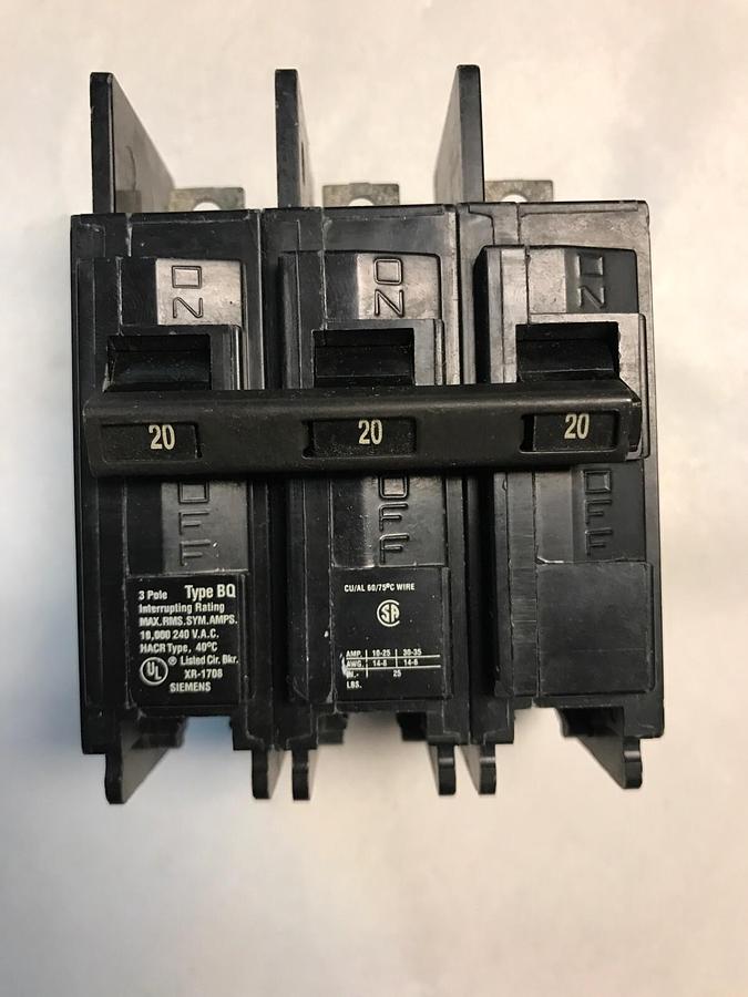 Used Siemens,BQ3B020,Circuit Breaker 20AMP 240V 3 pole