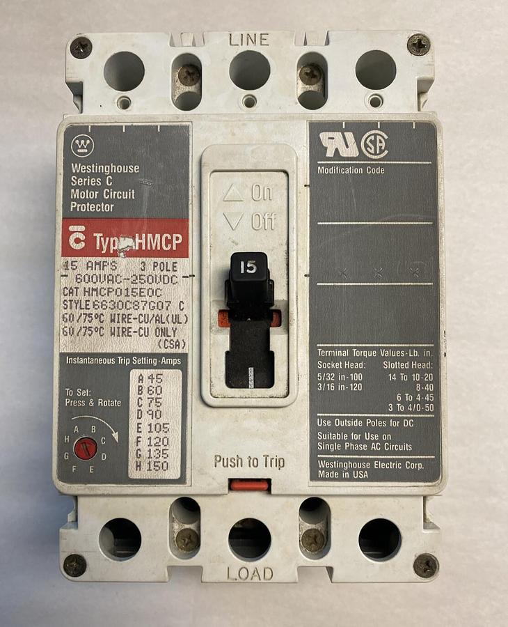 Used Westinghouse,HMCP015E0C,Motor Circuit Protector 15AMP 600V