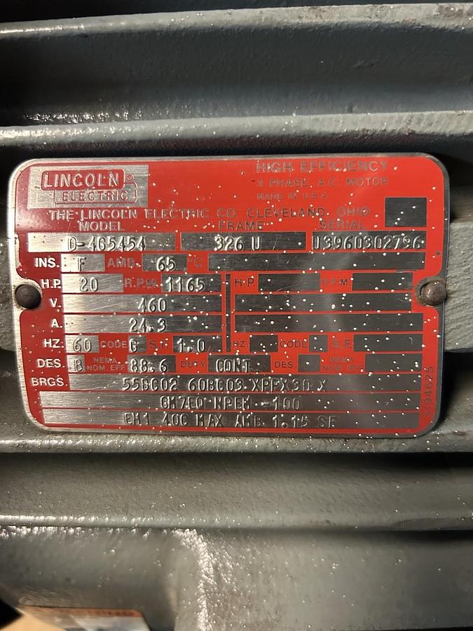 Used LINCOLN ELECTRIC,D-4G5454,AC MOTOR 20HP 460V 1165RPM 3PH 326U FRAME